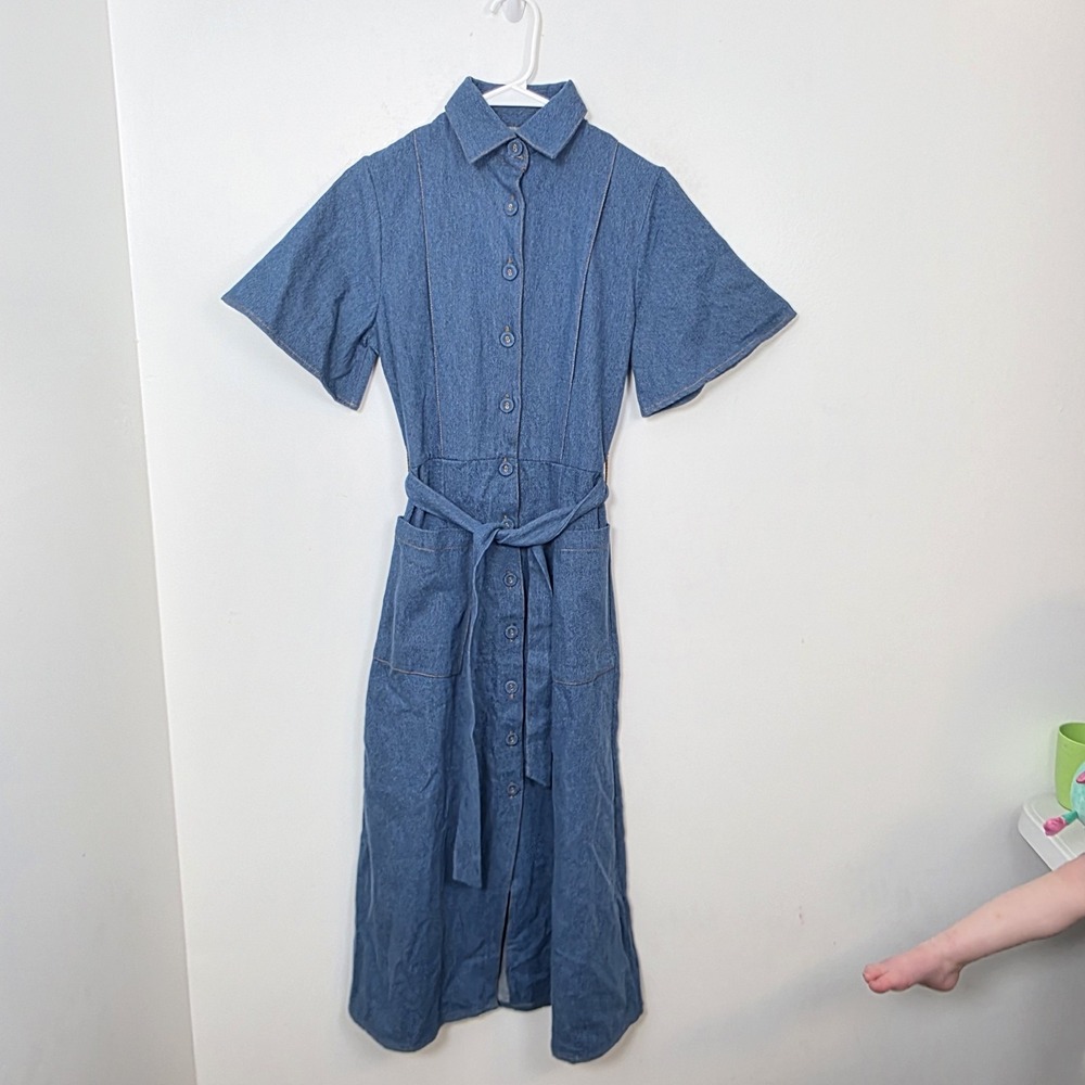 Caroline Benoit Blue Denim Button Up‎ Belted Cottagecore Midi Shirt Dress XS